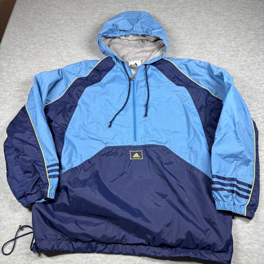 Adidas Jacket Mens XL Blue Vintage 90s Hooded Anorak Half Zip Windbreaker Retro